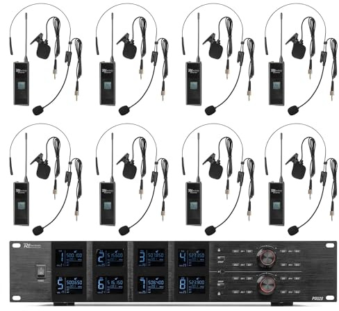 Power Dynamics PD528B UHF 8-Kanal Bodypack Funkmikrofon System mit Headsets und Lavaliermikrofonen, rauscharme Übertragung, große Reichweite, LCD-Displays, Metallgehäuse