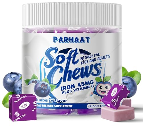 Iron Soft Chew Supplement with Vitamin C | Blueberry Flavored | Gluten Free | Iron Supplement for Women Men and Kids | 60 Count | 2 Month Supply