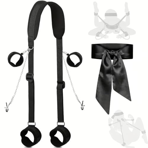 1 jeu de sangles noires faciles à utiliser, bandeau en satin, pinces en silicone avec chaîne et clochettes