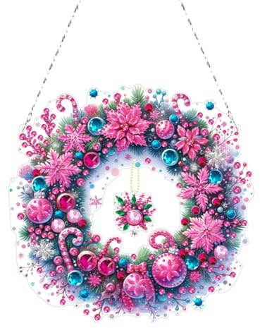 Generisch Diamond Painting Türkranz Weihnachtskranz Diamond Painting Anhänger mit Kette Diamant Malerei Fensterbilder Weihnachten Kranz Set für Wand Und Eingang Fenster Dekoration-Rosa