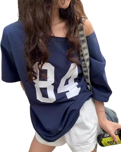 LLECDASEUI Womens One Shoulder Y2k Graphic T-shirts Short Sleeve Number Print Asymmetrical Top Jersey E-Girl Tees (S,Blue)