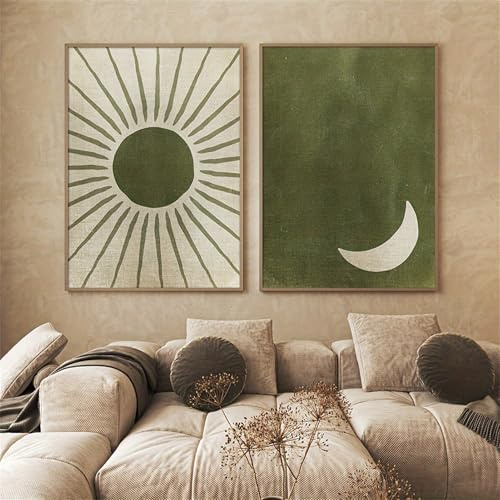 Uixxducc 2er Ästhetik Poster Set, Grüner Sonne und Mond Wandbilder Wohnzimmer, Boho Bilder Deko Wanddeko ür Flur Wohnzimmer Schlafzimme ohne Rahmen (40x50cm)