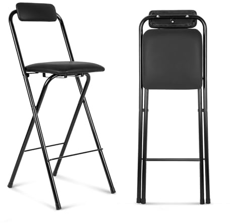 Thyle 1 sgabello da bar pieghevole con schienale, alto sgabello pieghevole, portatile, alto, sedia da bar, seduta in pelle, imbottito, per cucina, isola, negozio, caffetteria, sala da pranzo, nero (61