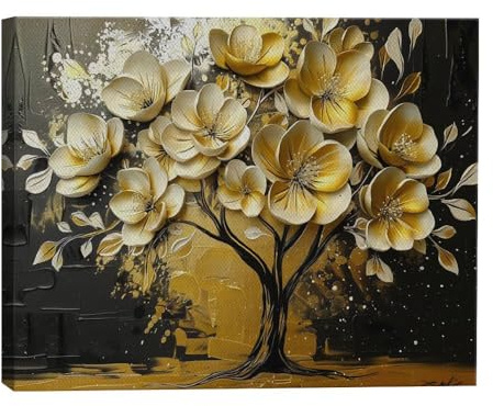 ParagonDecor Quince Tree In Bloom Golden Art Design 4 Canvas Wall Art Picture Prints Artwork Framed For Living Room Wall Home Decor Gifts For Family Art Easy Hanging