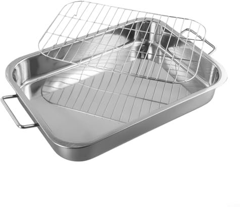Sartén profunda de acero inoxidable con estante para horno y parrilla, perfecta para asar y hornear lentamente (36 x 26 x 6 cm)