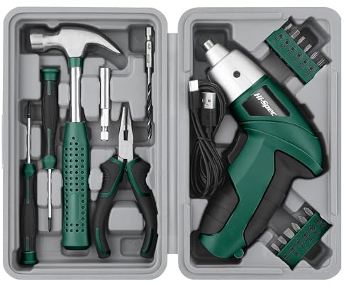 Hi-Spec 3.6V USB Power Screwdriver & Home Tool Kit for Home Repairs, Green | Faster screwdriving, less hand strain, compact case storage, 19pc included, LED assisted work, assembly and repairs
