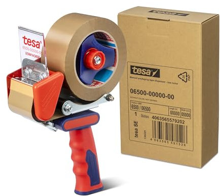 tesa 6500 Industrial Handabroller - Geräuscharmer Klebebandabroller für laute Packbänder - Sicherheitsklinge, verstellbare Bremse, Low Noise