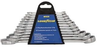 Goodyear Set di chiavi combinate ad anello, 6 – 22 mm, secondo la norma DIN 3113:2007 – 09, acciaio Cr-V di alta qualità, teste ad anello angolate 15°, con supporto in plastica salvaspazio, 12 pezzi