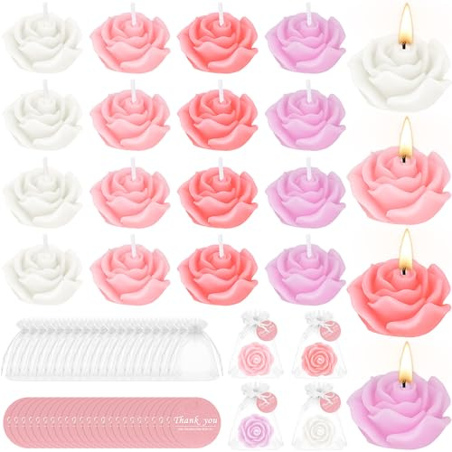 24 Set Flower Candles Wedding Favor for Guests, Mini Pink Rose Shaped Tealight Candles for Return Gifts Wedding Birthday Bridal Shower Housewarming Party