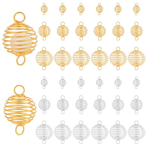 PH PandaHall 36pcs 3 Sizes Spiral Bead Cages Stainless Steel Cage Charms Lantern Ball Pendants Hollow Stone Cages Gemstone Holder for Hanging Ornaments Jewellery Making, Silver/Golden
