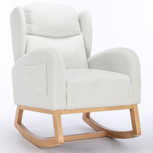 Silla Mecedora con cojín acolchado, Sillon Balancin con Reposabrazos e Bolsillo Mecedora, Silla Mecedora Ergonómico Mecedora Madera, Máx. Carga de 110 kg, para Salón, Dormitorio o Estudio, Blanco