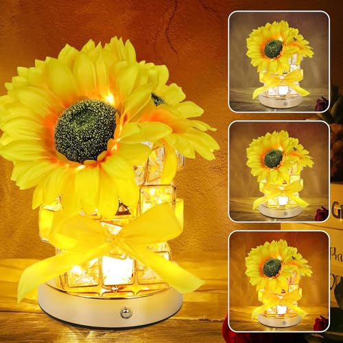 Sonnenblumen Blume Lampe, 3 Farben Dimmbares LED Touch Nachtlicht, USB Wiederaufladbare Kabellose Touch Tischlampe Geschenke für Frauen Mama, Romantische Nachtlampe Decor für Schlafzimmer Esszimmer