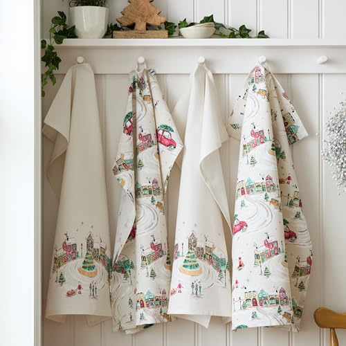 Catherine Lansfield Christmas Town Cotton 50x75cm Kitchen Tea Towel Pack of 4 Natural