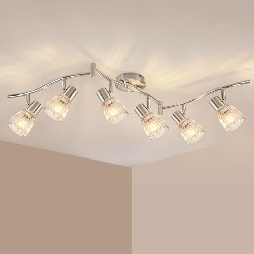 Unikcst LED Deckenstrahler 6 Flammig Deckenleuchte Glas E14 | Modern Chrom Schwenkbar 350°, Deckenlampe Strahler mit Glasschirm für Wohnzimmer Küche Schlafzimmer Flur, Ohne Leuchtmittel