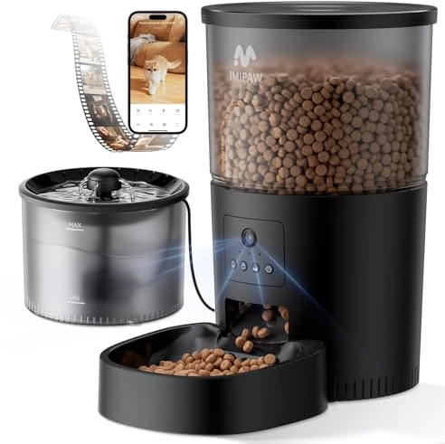 IMIPAW Automatic Cat Feeder with Camera and Water Fountain, 1080P HD Video, 5G WiFi Smart Pet Feeder with App Control, Timed Dry Food Dispenser for Small Cats and Dogs