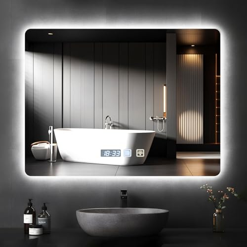 Sararoom Espejo Baño con Luz 80×60cm, Luces de Baño Espejos de pared con Reloj, Función Antivaho, 3000K/4000K/6500K, Regulable, Memoria, Cristal Templado HD, IP44 Espejos de Tocador LED Retroiluminado