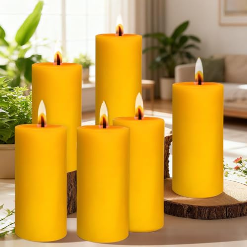 6 Stück Stumpenkerzen, Stumpenkerzen Gelb Höhe 10 cm Ø 5,5 cm, Lange Brenndauer, Kerzen Set Säulenkerzen Kerzen-Deko Tafelkerzen Weihnachts-Kerzen für Haushalt, Feiern und Gastronomie