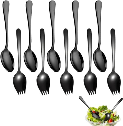 MENUY 10 Stück Salatbesteck Edelstahl, Salate Bestecke, Schwarz Hochglanzpoliert Salatlöffel, Spülmaschinenfest, 20cm Vorlegelöffel, für Familie, Restaurants, Party