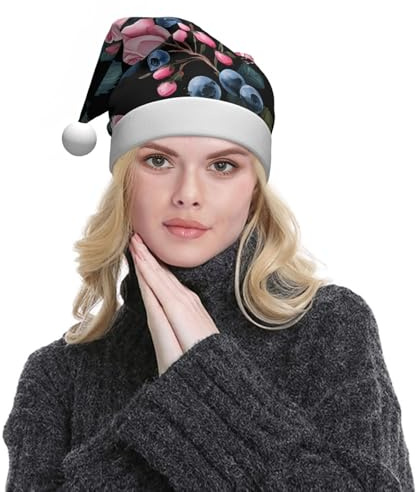 WXWJSHMGC Schwarze schwarze schwarze Plüsch-Weihnachtsmütze mit Rosen-Druck, Unisex, Weihnachtsmütze für Weihnachten, Neujahr, festliche Feiertagsparty (2 Stück)