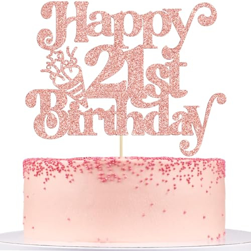 Gyufise 1Pc Happy 21st Birthday Cake Topper Glitter Happy Birthday Cake Pick Cheers to 21 Years for 21st Anniversary Wedding Party Cupcake Decorations Supplies Rose Gold