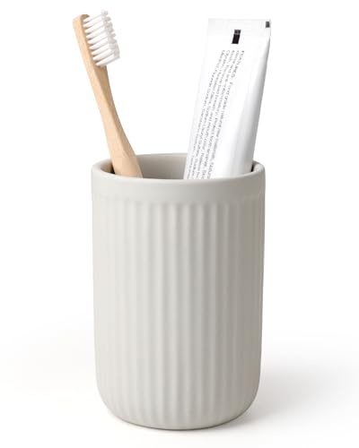 Zahnputzbecher Keramik Bosilunlife, 420ml Hellgrau Zahnbürstenhalter im Gestreiftes Design, Mundwasser Tasse Zahnbecher Badezimmerbecher für Zahnbürste & Zahnpasta