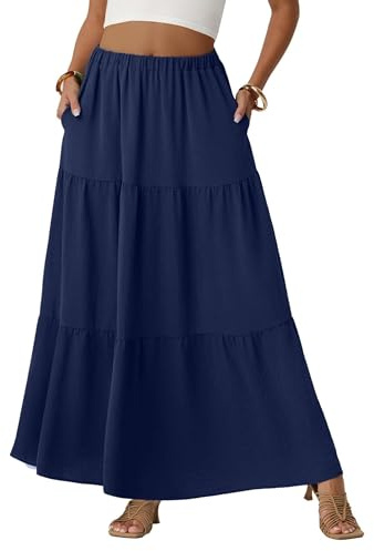 QIXING Womens Boho Maxi Skirts Flowy Elastic High Waisted A-Line Casual Long Skirts with Pockets Beach Holiday Long Skirts(Navy Blue, L)