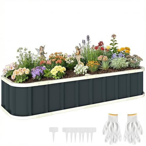 Outsunny Cama elevada de Metal galvanizada 5 x 2 x 1 ft Gris Oscuro | Macetero metálico, maceteros exteriores, borde plegado, verduras, flores, hierbas