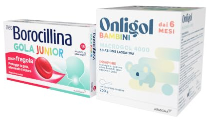 Onligol Bambini, dispositivo medico per stitichezza Bambini dai 6 mesi, insapore, con cucchiaino dosatore + 2X NEO BOROCILLINA Gola Junior, 15 Pastiglie Gommose, Gusto Fragola,