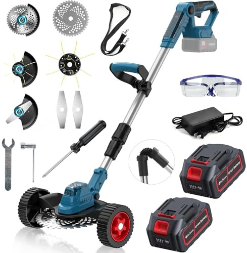 Desbrozadora Batería 8,0Ah, Cortabordes Eléctrico Sin Cable 1000W Brushless, 5000 RPM, Pantalla LCD, 3 Cuchillas, Mango Telescópico y Ruedas para Césped y Jardín