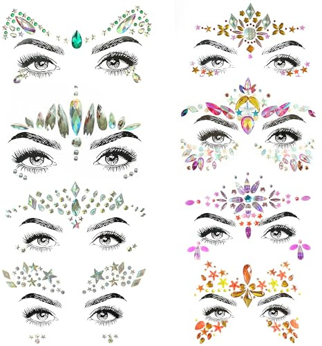 SHINEYES 8 calcomanías faciales de piedras preciosas para festivales de música, fiestas de vacaciones, calcomanías faciales con diamantes de imitación para Halloween, Navidad, tatuaje temporal para
