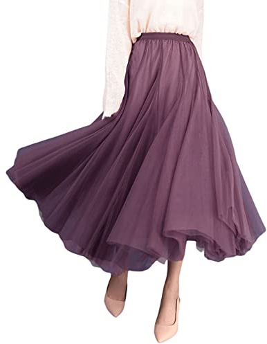 Damen Langer Tüllrock A Linie Tüll Röcke Einheitsgröße Elegante Hochzeit Tutu Maxiröcke(Lila,Einheitsgröße)