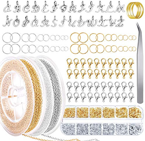 Whaline 1070Pcs Jewelry Making Chains Kit 66 Feet Stainless Steel Link Cable Chain with 26 Letter Pendant 1000Pcs Split Rings 40Pcs Lobster Clasps with Curved Tweezers Jump Ring Opener for Craft DIY