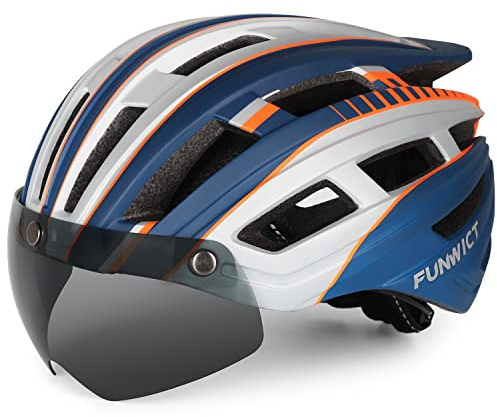 FUNWICT Cykelhjälm Herr Dam MTB-hjälm med avtagbara magnetglasögon och foder LED-bakljus Cykelhjälm med visir för cykling (Stor(57-61cm), Blå Silver)