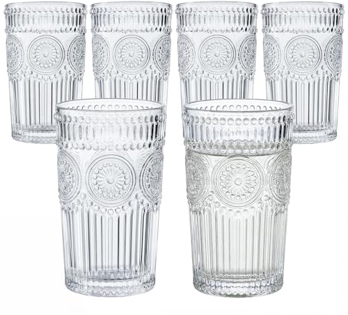 Kingrol Embossed Vintage Drinking Glasses Set of 6, 12 oz Textured Glass Tumblers, Clear Retro Water Glasses for Iced Coffee, Juice, Cocktails & Everyday Use