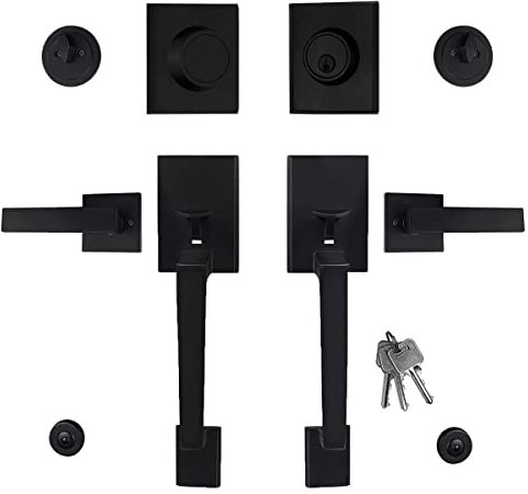 Virego Double Door Handle Set, Matte Black Double Front Door Handle Sets with Dummy, Modern Heavy Duty Square Door Lever and Single Cylinder Deadbolt Combo for Exterior and Interior Doors, MB-DL-1