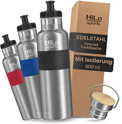 HiLo sports isolierte Trinkflasche Fahrrad Edelstahl 600ml - [Hält 12h warm & 24h kalt] Thermo Radflasche - Auslaufsichere Metall Fahrrad Trinkflasche mit 2 Verschlüssen