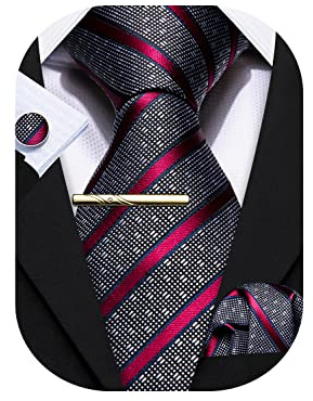Barry.Wang Herren Seiden-Geschäftskrawatten mit Taschentuch Manschettenknopf-Streifen Plaid-Krawatten-Set Feierliche Hochzeit