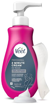 Veet Professional 2 Minute Cream for All Skin Types with Shea Butter, Full Bikini & Pubic Hair Removal, Dermatologically Tested, 13.5 FL OZ Bottle w/Spatula