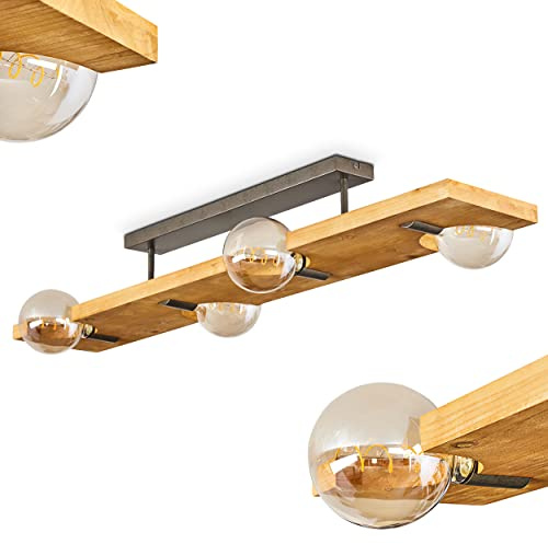Deckenleuchte Santorum, Vintage Deckenlampe aus Metall/Holz in Altsilberfarben/Natur, Leuchte im Retro Design, 4-flammig, 4 x E27, ohne Leuchtmittel