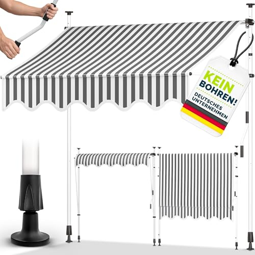 tillvex Toldo Manual portátil de balcón Patio | Toldo Ajustable con manivela para balcón | Parasol Resistente a UVA y Regulable en Altura | Protección Solar estanca a Agua (150cm, Gris/Blanco)