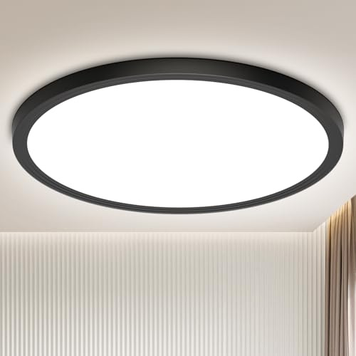 Deckenlampe Led Deckenleuchte Schwarz Lampe - Flach Rund Modern Naturweiß Deckenlampe Badezimmer Lampe Decke Badlampe Küchenlampe für Wohnzimmer Keller Flur Küche Schlafzimmer, 18W 4000K 1600LM 22CM