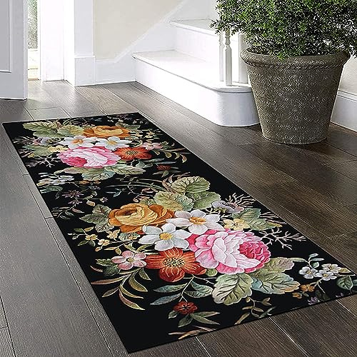 Küchenteppich Läufer Teppich Lang Flur Rutschfest Teppichmatten Küchenläufer 50x240cm,3D Blumenmuster Bunter/Schwarzer Korridor Teppichläufer Waschbar Meterware Flurläufer Anpassbar ,Schwarz