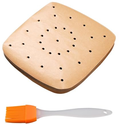100 pièces de papier parchemin pour friteuse à air avec 1 pièce de brosse à four, papier sulfurisé pour poêle, doublure en papier, facile à nettoyer, éloigner des taches d'huile