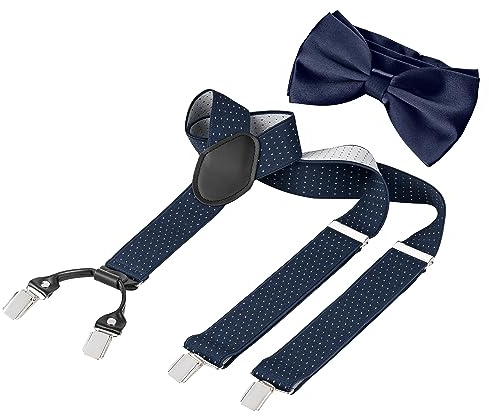 BomGuard Herren Hosenträger Fliege Set,3,5 cm breit,dunkelblau gepunktet