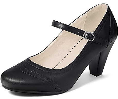 elerhythm dam två ton Mary Jane Classic och retro 1920-talet pump klackar Gatsby oxfordmönster 1950-talet vintage rund stängd tå ankelrem klänning skor, svart, 38 EU