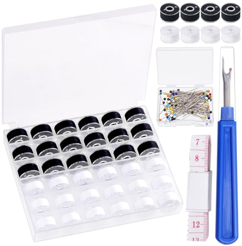Swpeet 138 pezzi Filo Prewound Bobbin in bianco e nero con custodia in plastica trasparente Case Box, filo di poliestere Set di fili pre-legatura Kit filo da cucito per macchine manuali forniture per