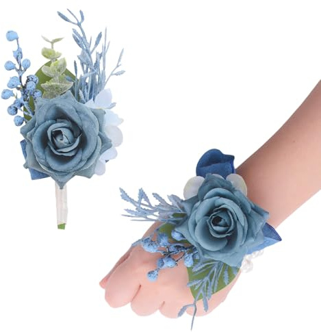 URROMA Ansteckblume und Ansteckblume Set, 1 Set Rose Blau Hand Blume f黵 Hochzeit Party Abschlussball K黱stliche Hochzeit Handgelenk Corsage
