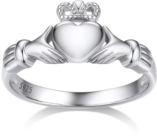 Bestyle Claddagh Ring Silber 925 Damen Irische Herz Claddagh Ring Hände Krone Herzring für Paar Frauen Mädchen, Keltischer Schmuck Accessoire, Weißgold, Ringgröße 54