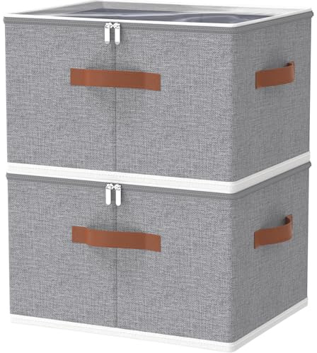 OUTBROS 2 Stück Faltbare aufbewahrungsboxen mit Deckel 50x40x30cm, Grau | Stoffboxen aufbewahrung mit Griff, Kleiderschrank Organizer, Unterbett Aufbewahrungsbox für Kleidung, Decken, Bettdecken