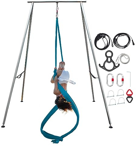 TECSPEC 9.6FT/115.3Inch Adjustable Height Aerial Yoga Frame & Hammock, Professional Swing Stand with 33FT / 394Inch Aerial Silk, 551lbs Max Capacity (Blue)